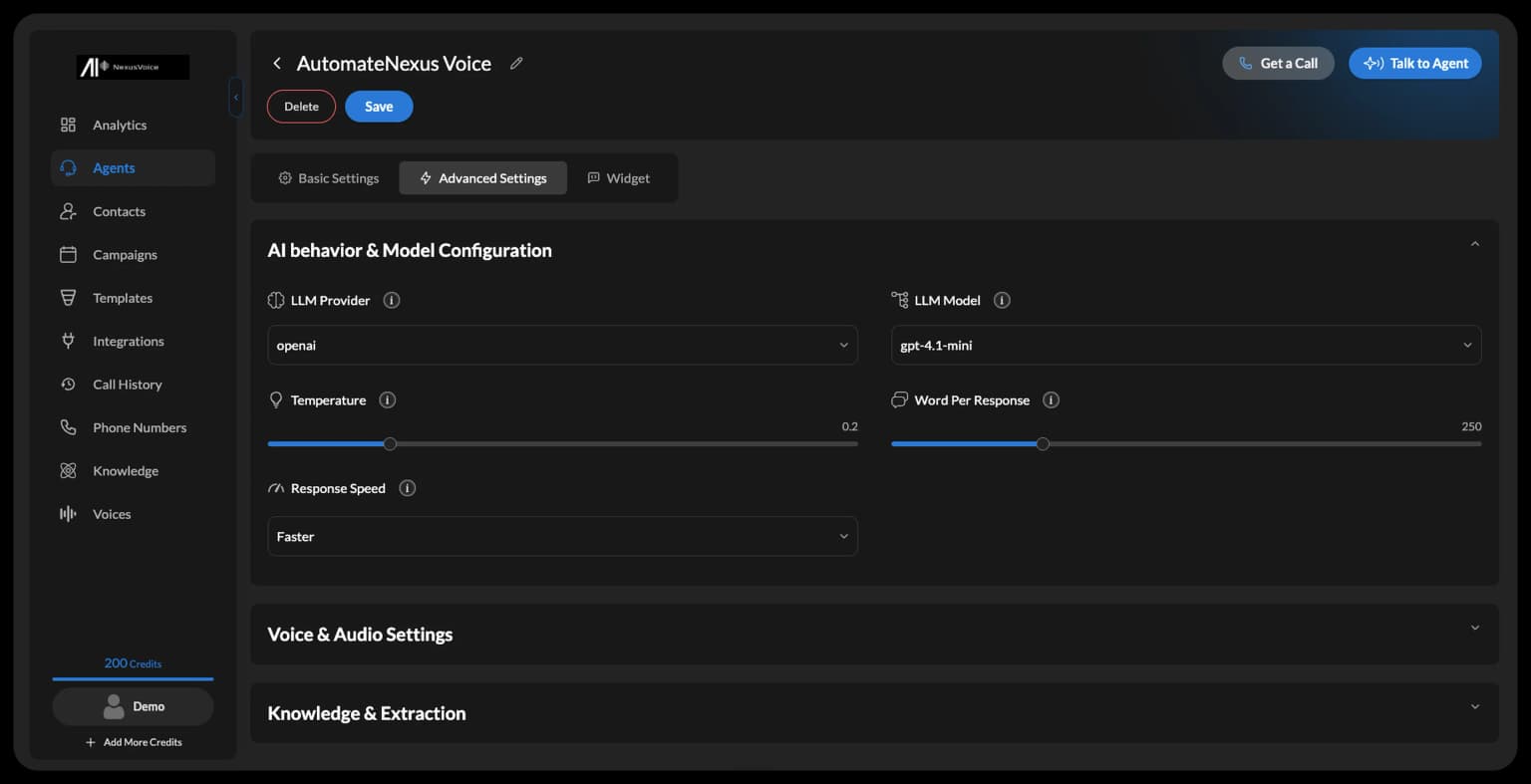 Advanced settings — AutomateNexus Voice