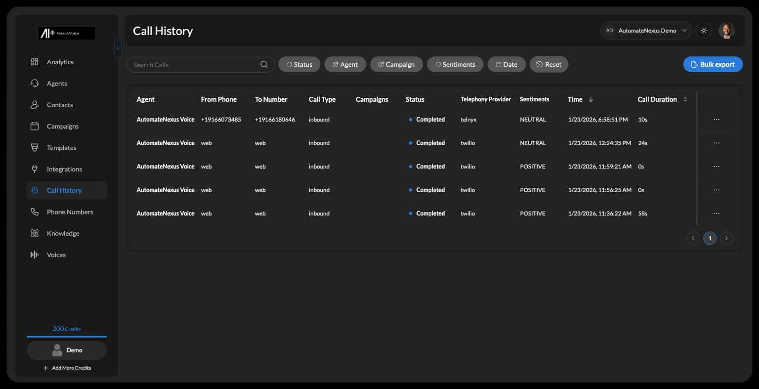 Call history — AutomateNexus Voice