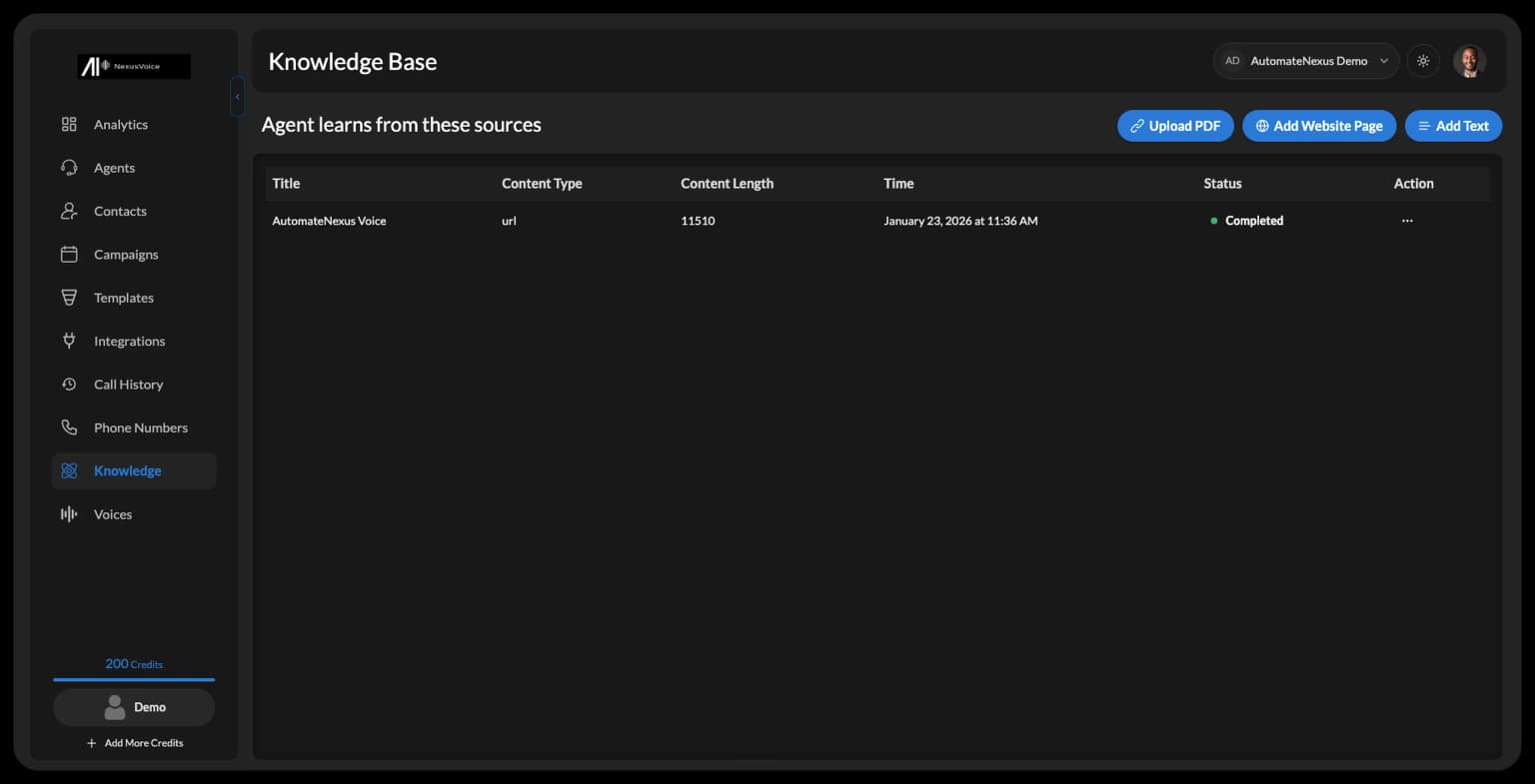 Knowledge base — AutomateNexus Voice