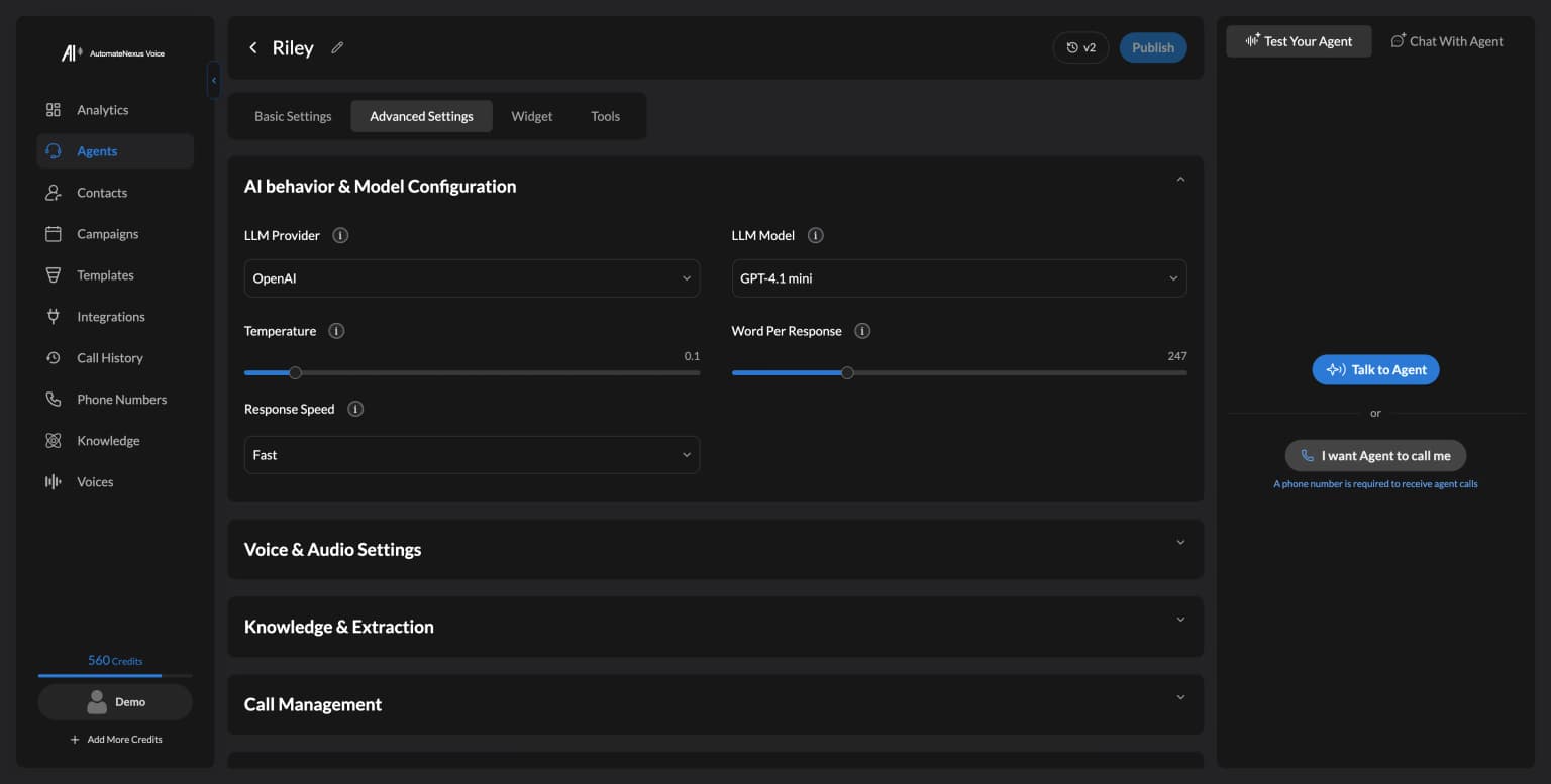 Agent advanced settings — transfers, calendar, tools. Demo workspace.