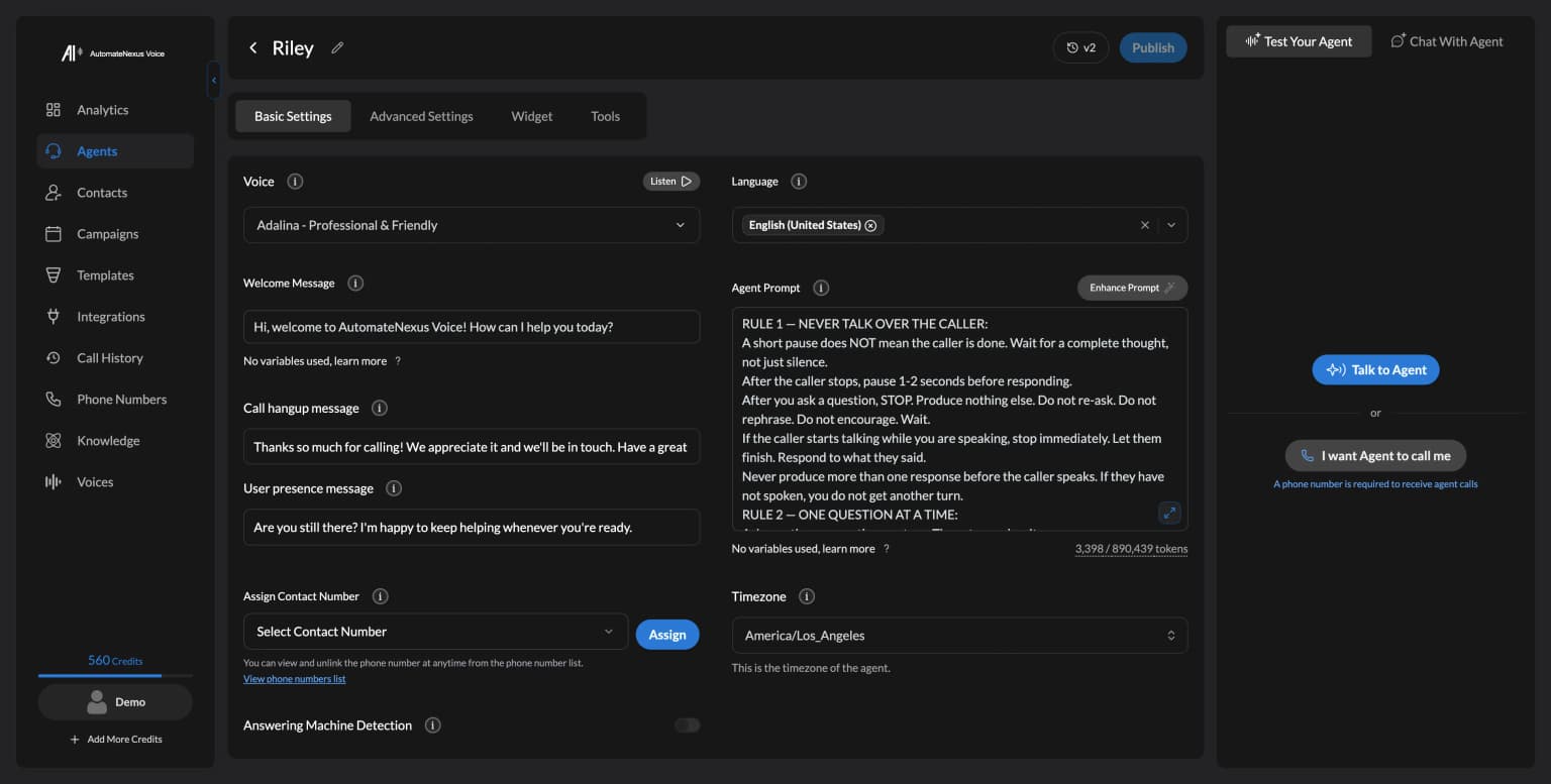 Agent settings — voice, language, greeting and prompt. Demo workspace.
