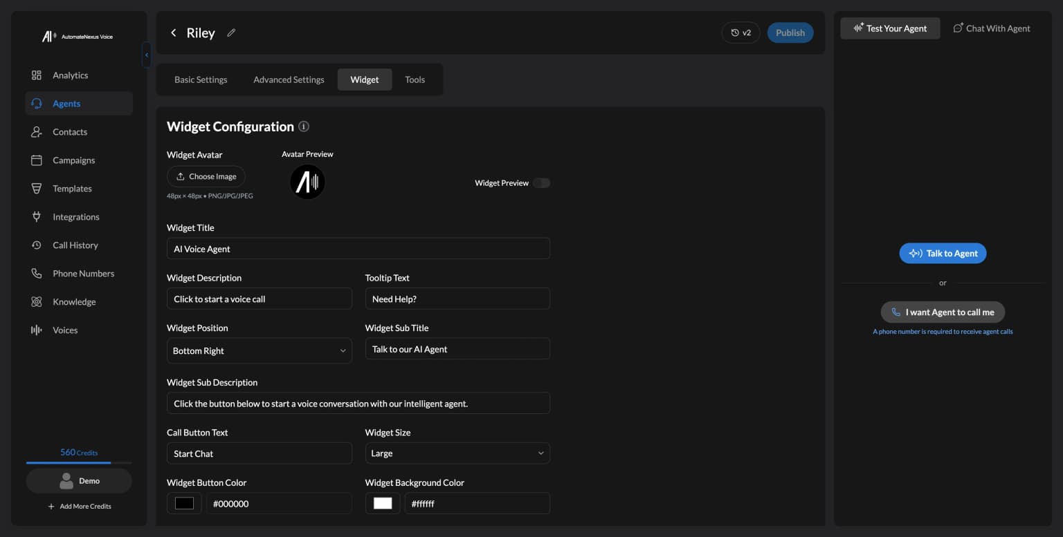 The in-browser voice widget settings. Demo workspace.