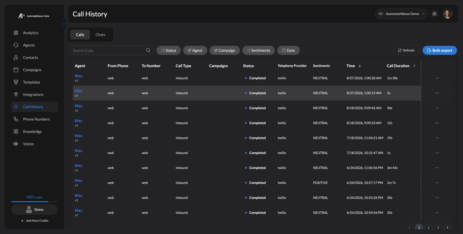 Call history with a call selected — status, sentiment, time and duration. Demo workspace.