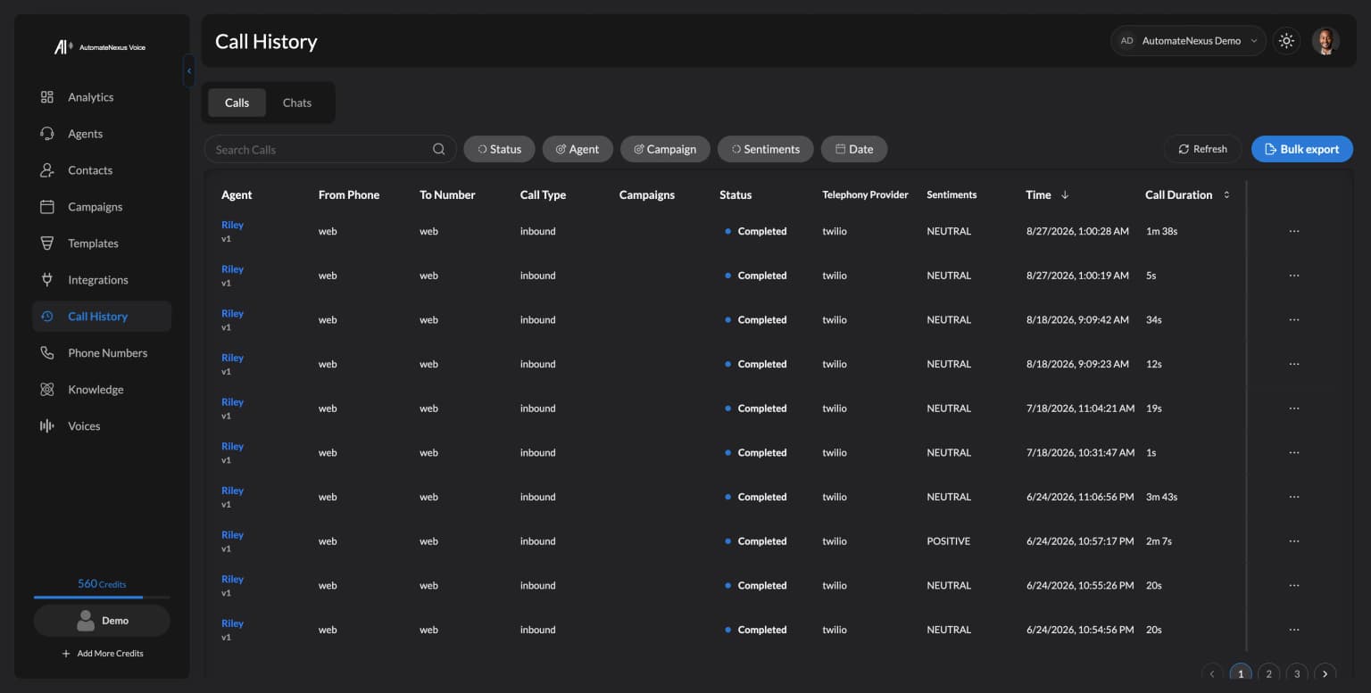 Call history — every call with status, sentiment, time and duration. Demo workspace.