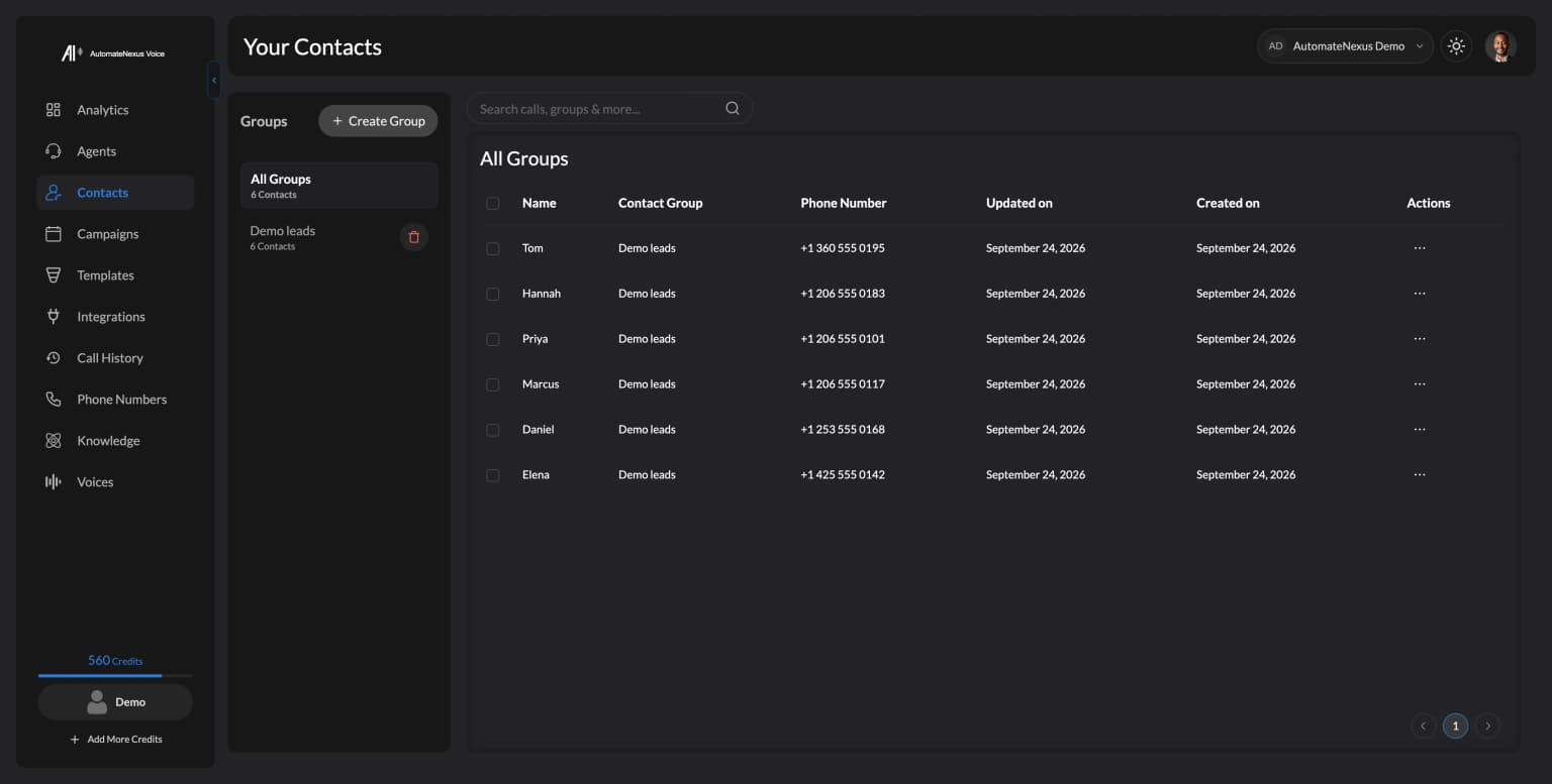 Contacts captured from calls. Demo workspace.