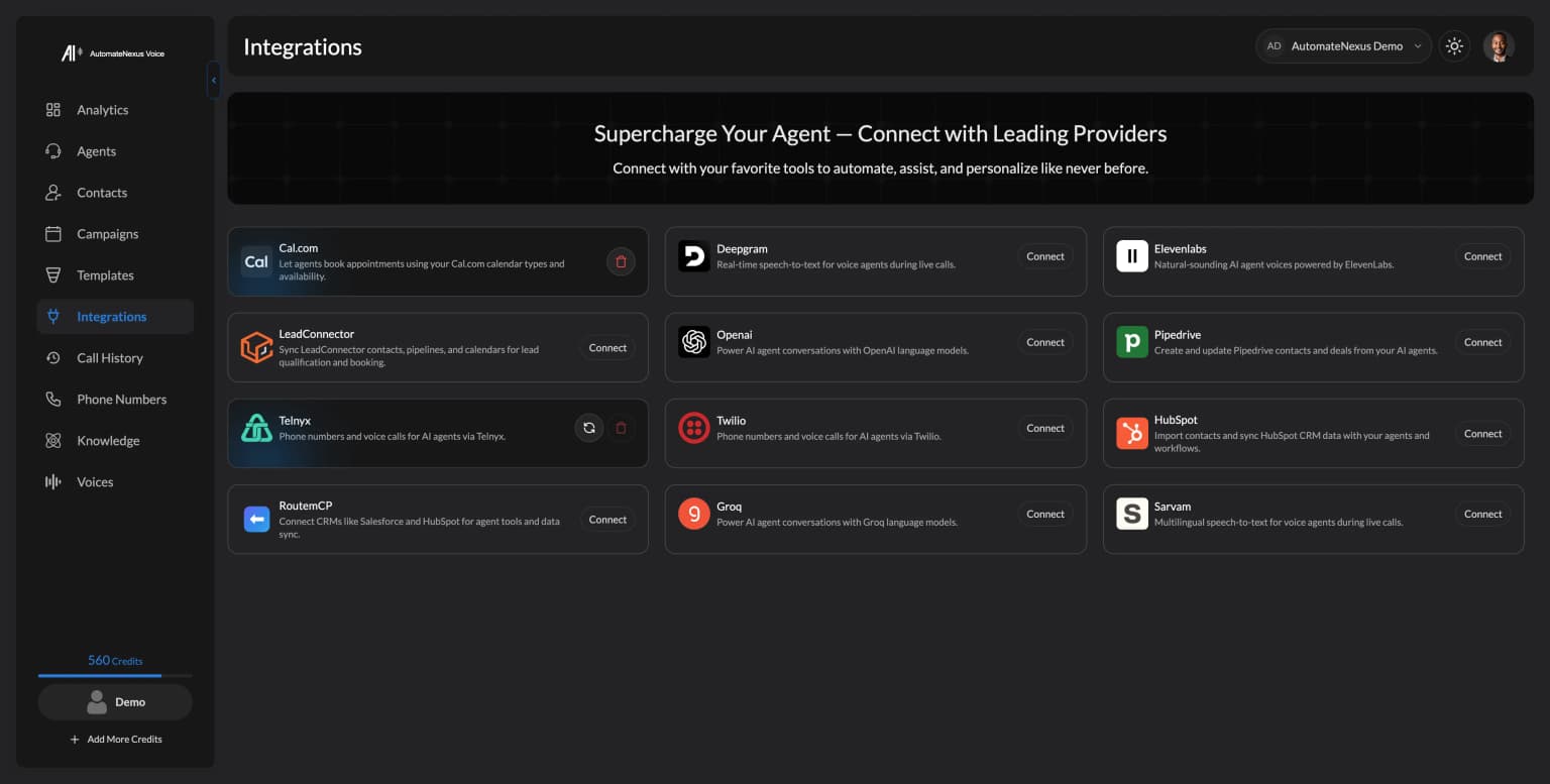Integrations — calendars, CRMs and telephony providers. Demo workspace.