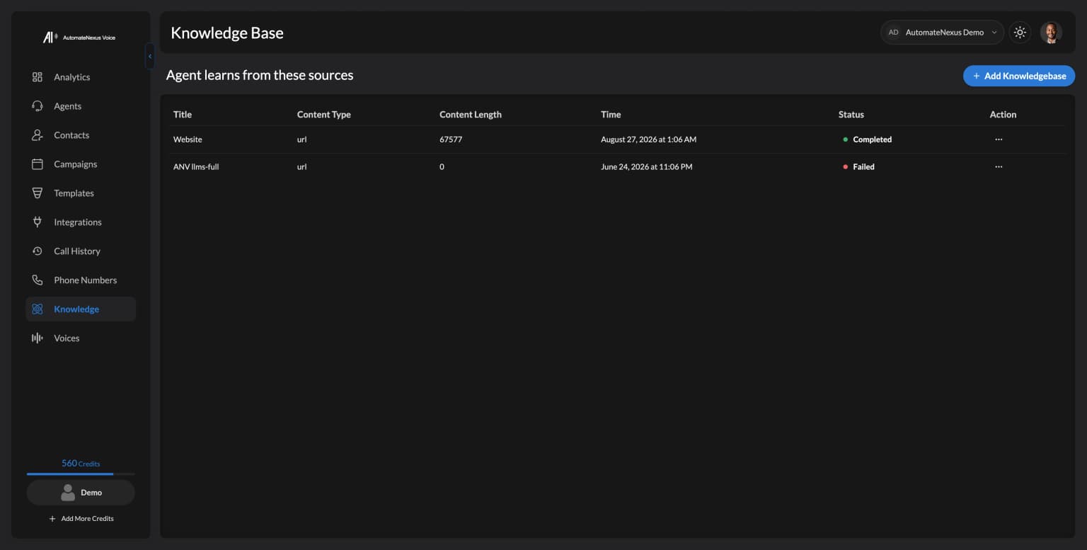 Knowledge base the agent answers from. Demo workspace.
