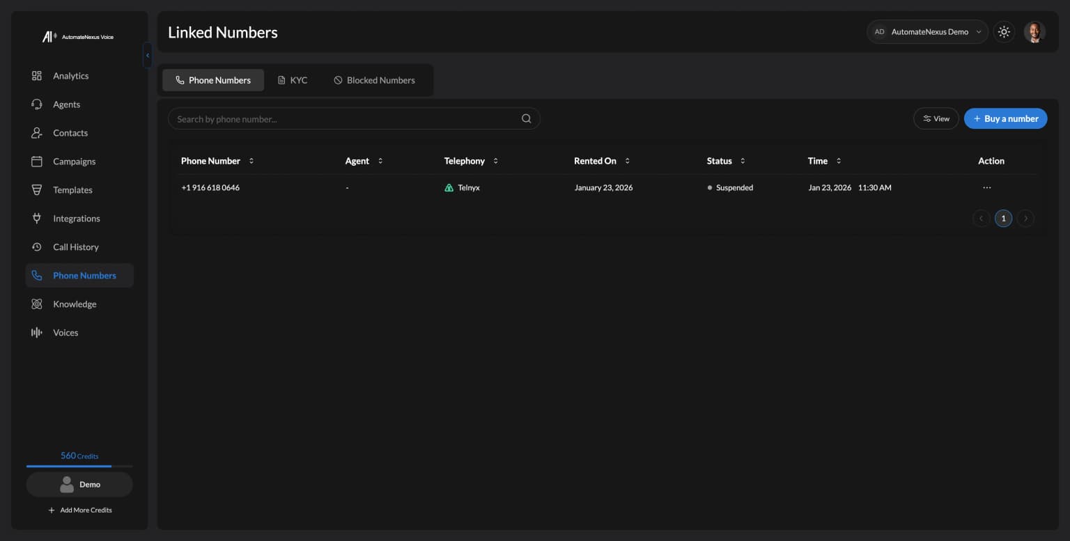 Phone numbers connected to the agent. Demo workspace.