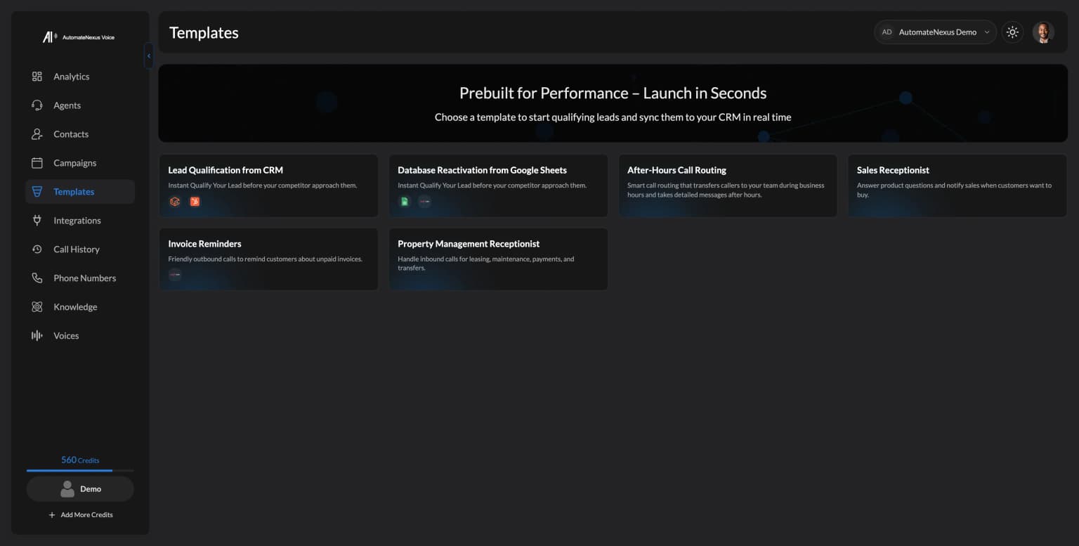 Industry templates for the agent's script. Demo workspace.