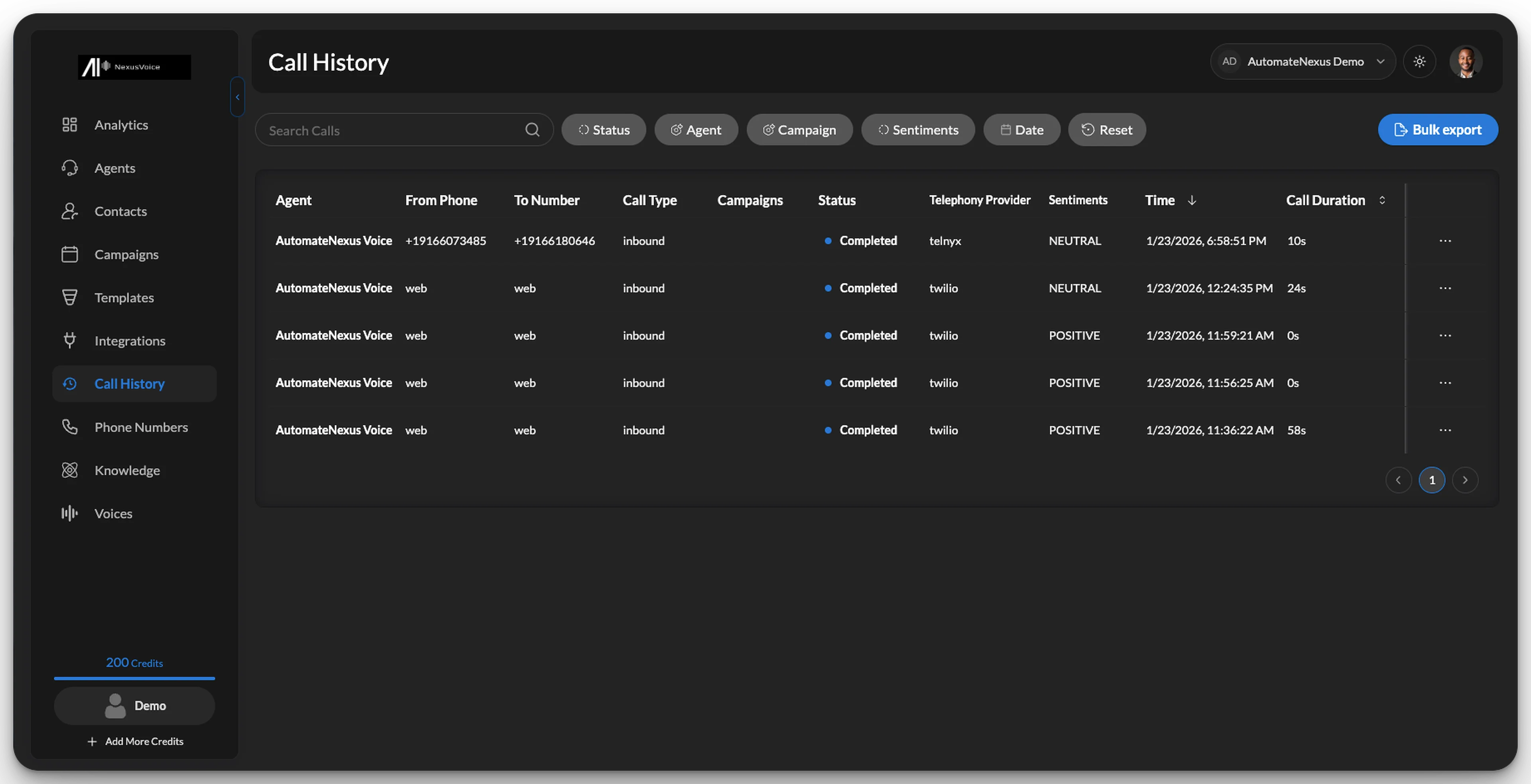 Call history — AutomateNexus Voice